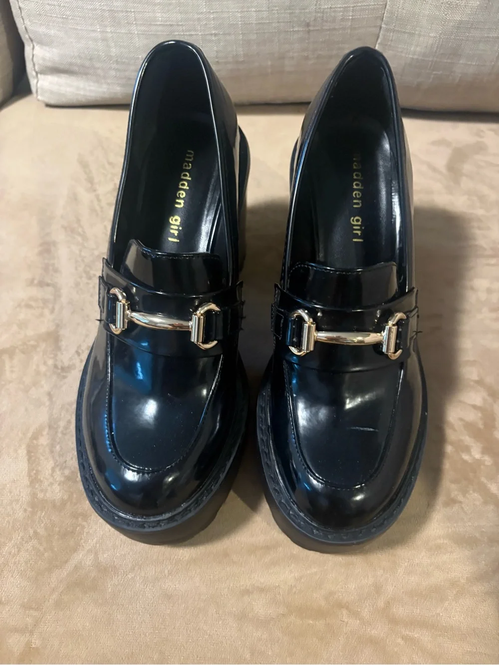 Madden Girl Black Patent Loafers with Gold Buckle Detail